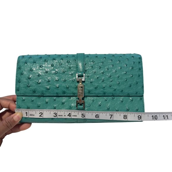 Lorenzi Genuine Ostrich Leather Womens Green Silver Hardware logo Purse - Picture 7 of 9
